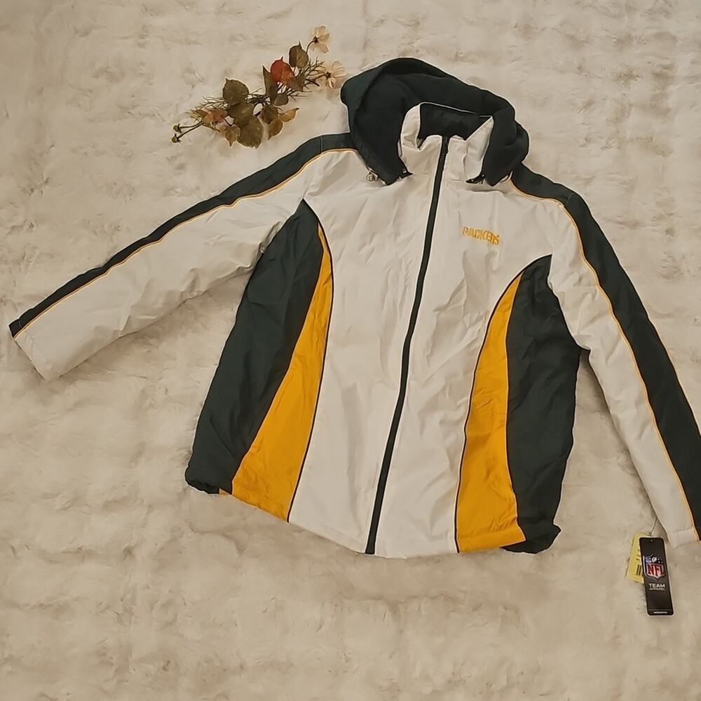 NFL Green Bay Packers White Yellow Green Ski Puffer Jacket Coat Womens XXL NWT